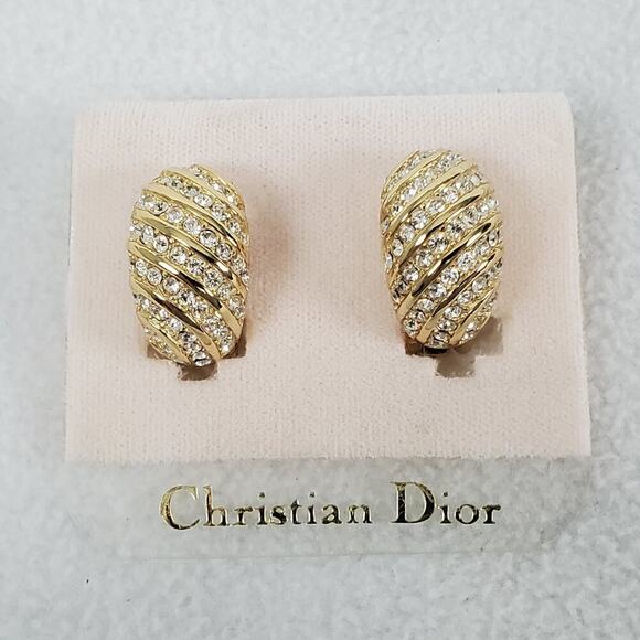 Vintage CHRISTIAN DIOR Gold Tone Rhinestone Huggie Clip-on Earrings New In Box - Picture 2 of 9